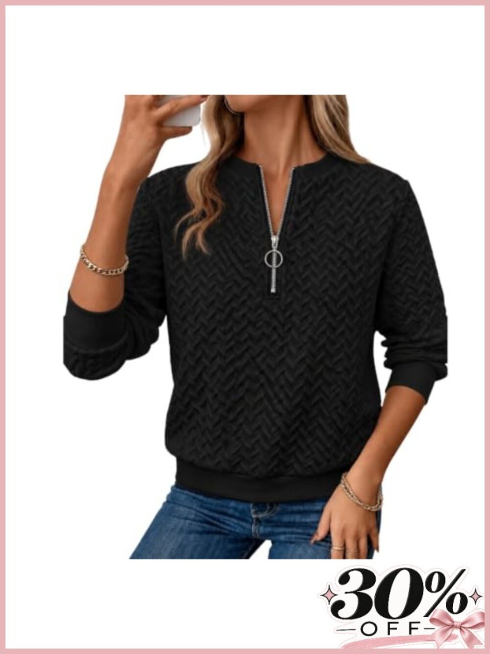 Womens Quarter Zip Sweatshirt Textured Pullover Long Sleeve